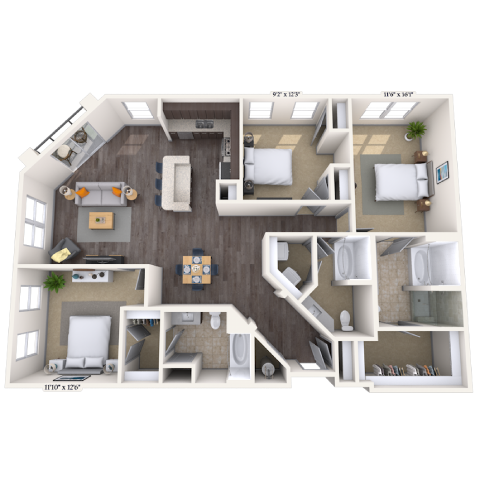 Traditional 3x3 1624 SF floor plan