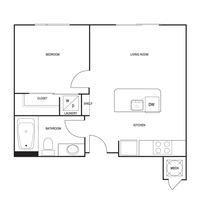 Traditional 1x1 545-567 SF floor plan