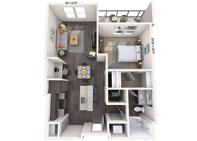 Traditional 1x1 716 SF floor plan