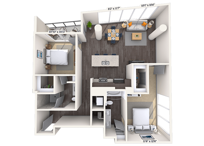 Traditional 2x2 1198 SF floor plan
