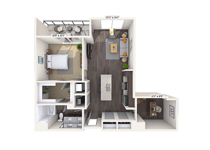 Traditional 1x1 929 SF floor plan