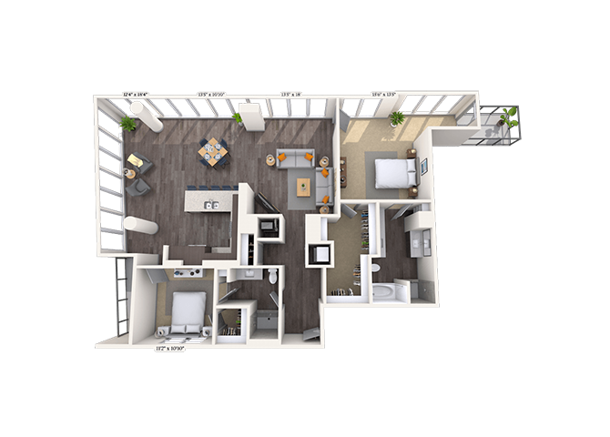 Luxury 2x2 1302-1753 SF floor plan