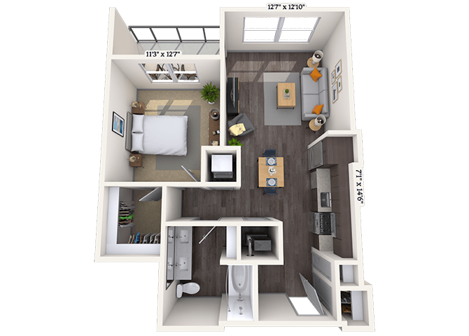 Traditional 1x1 737 SF floor plan