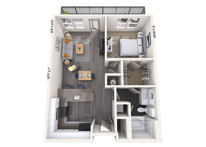 Traditional 1x1 735-810 SF floor plan