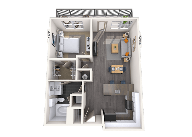 Traditional 1x1 735-824 SF floor plan