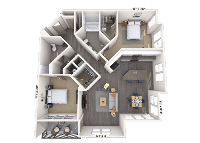 Traditional 2x2 1309 SF floor plan