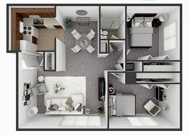 2 Bedroom 1 Bath 960 sq ft floor plan