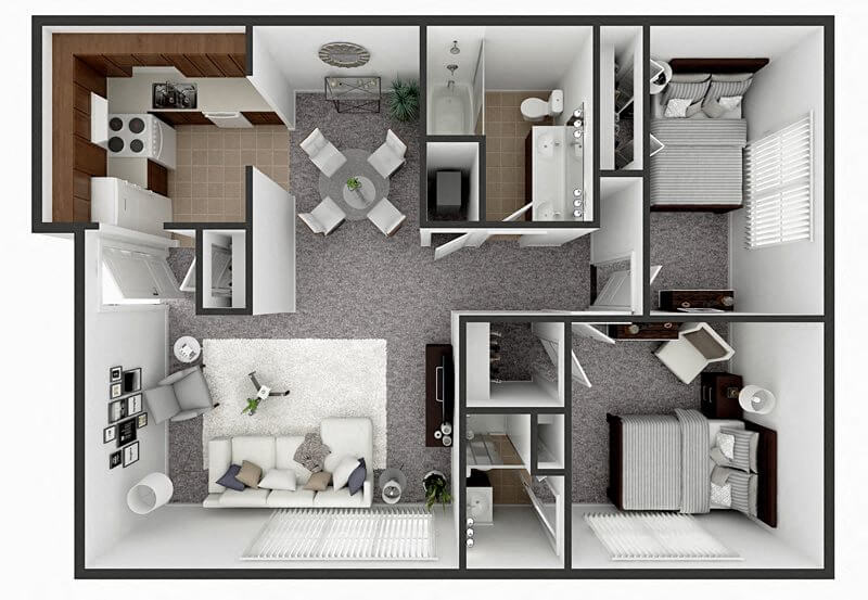 2 Bedroom 2 Bath 1070 sq ft floor plan