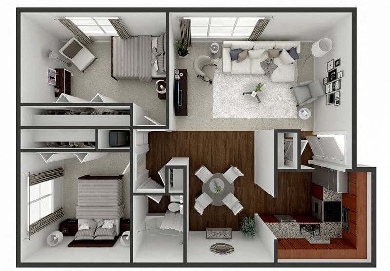 2 Bedroom 1 Bath 960 sq ft floor plan