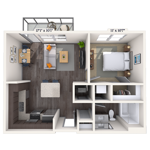 Traditional 1x1 607 SF-FP floor plan