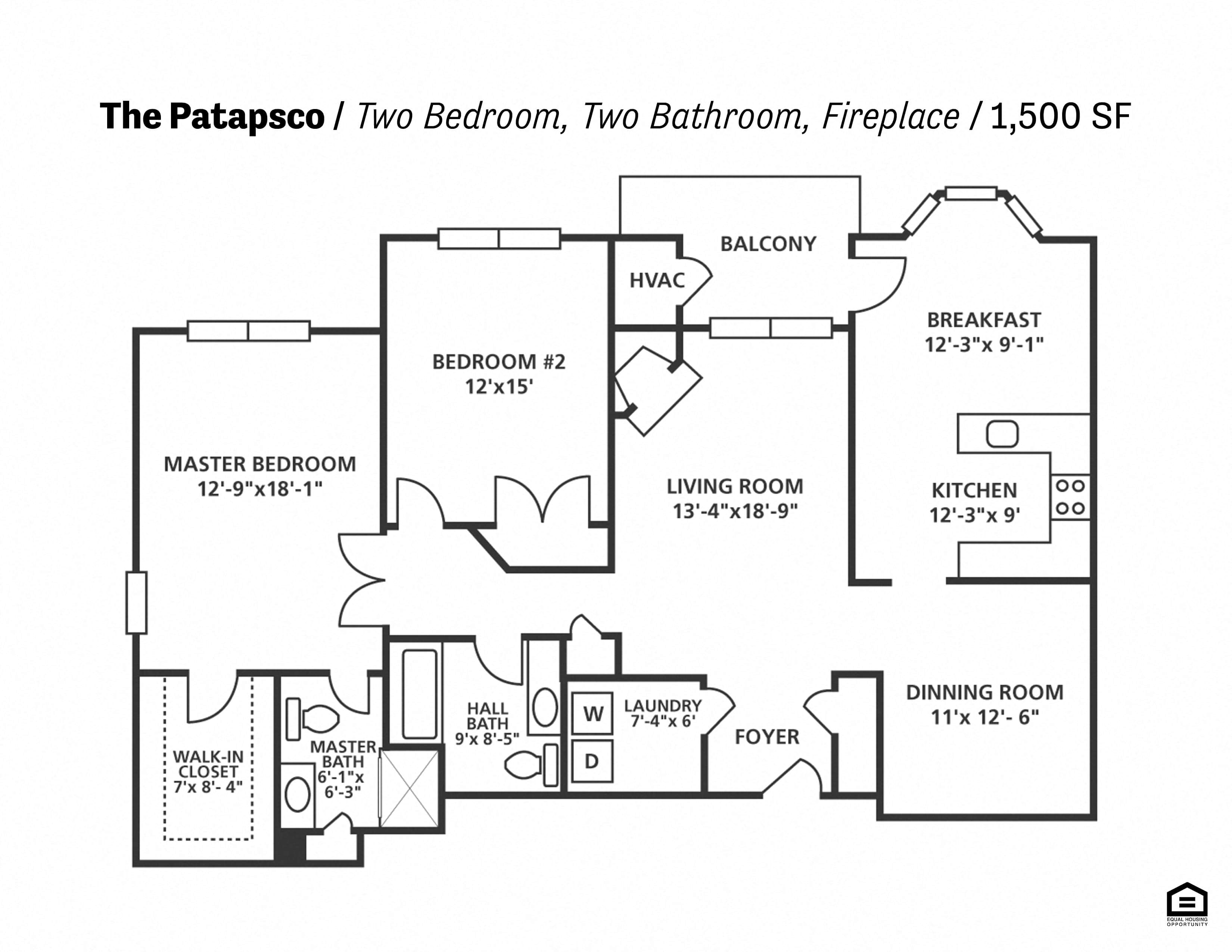 The Patapsco two bedroom two bathroom fireplace floor plan at Cascades Overlook Apartments