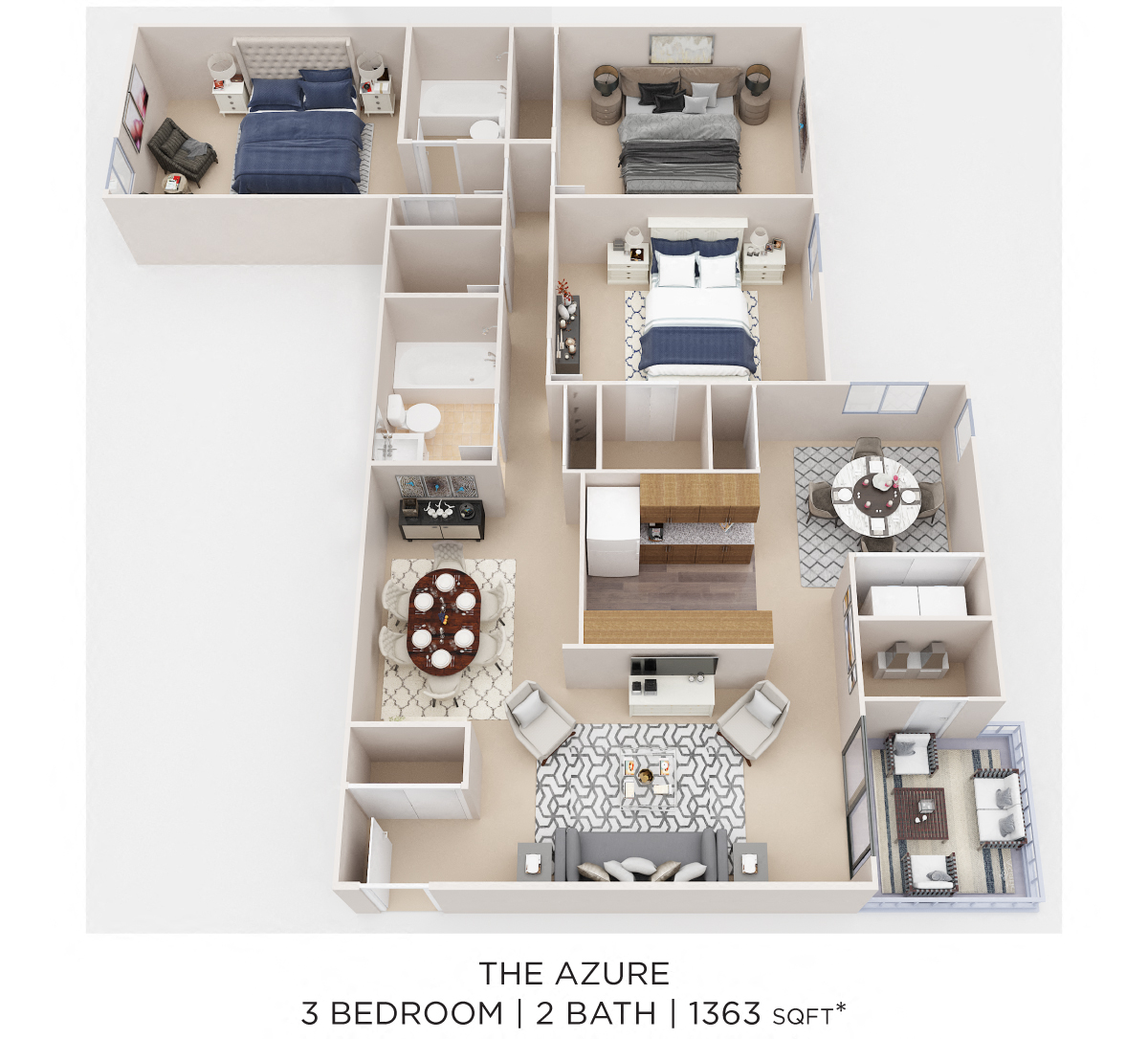 Three Bedroom 2 Bath - 1,363 floor plan