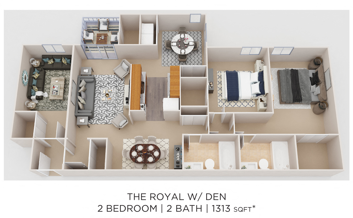 Two Bedroom 2 Bath w/ Den- 1,313 sqt floor plan
