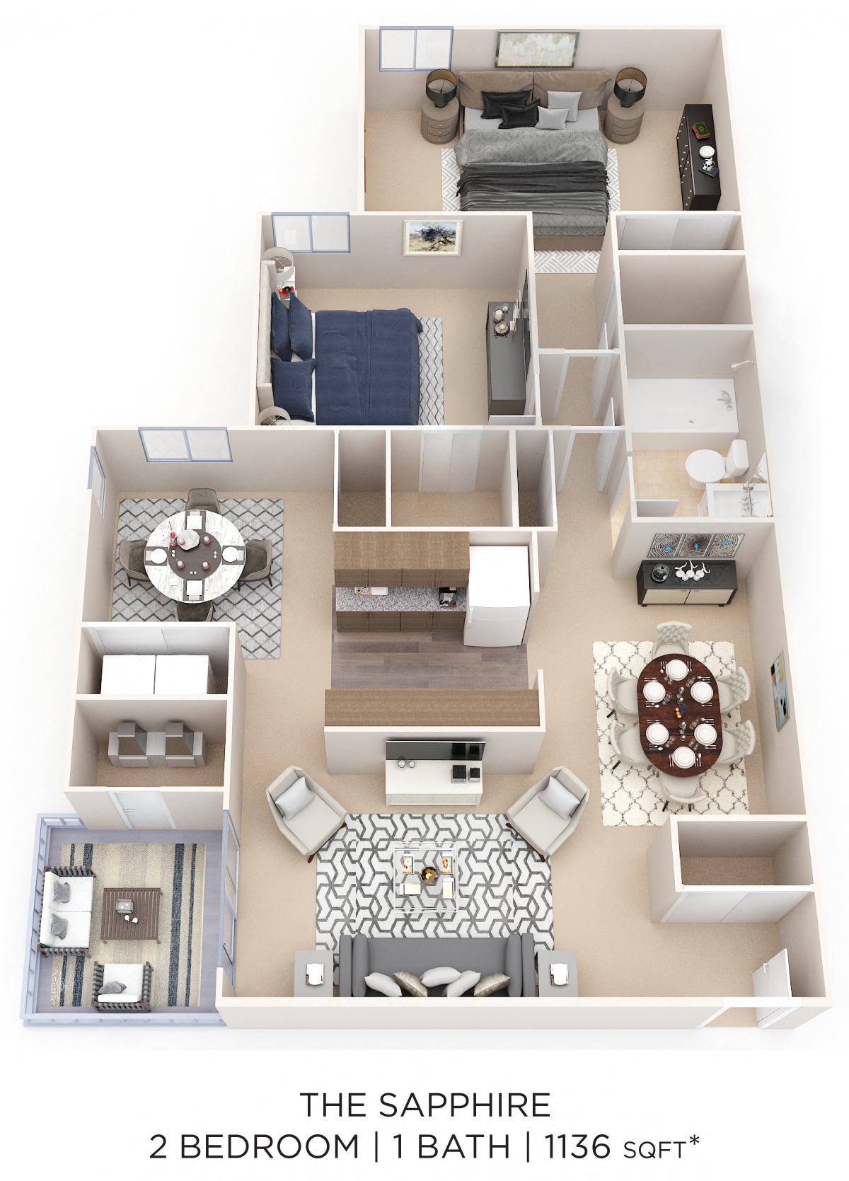 Two Bedroom - 1,136 sqft floor plan
