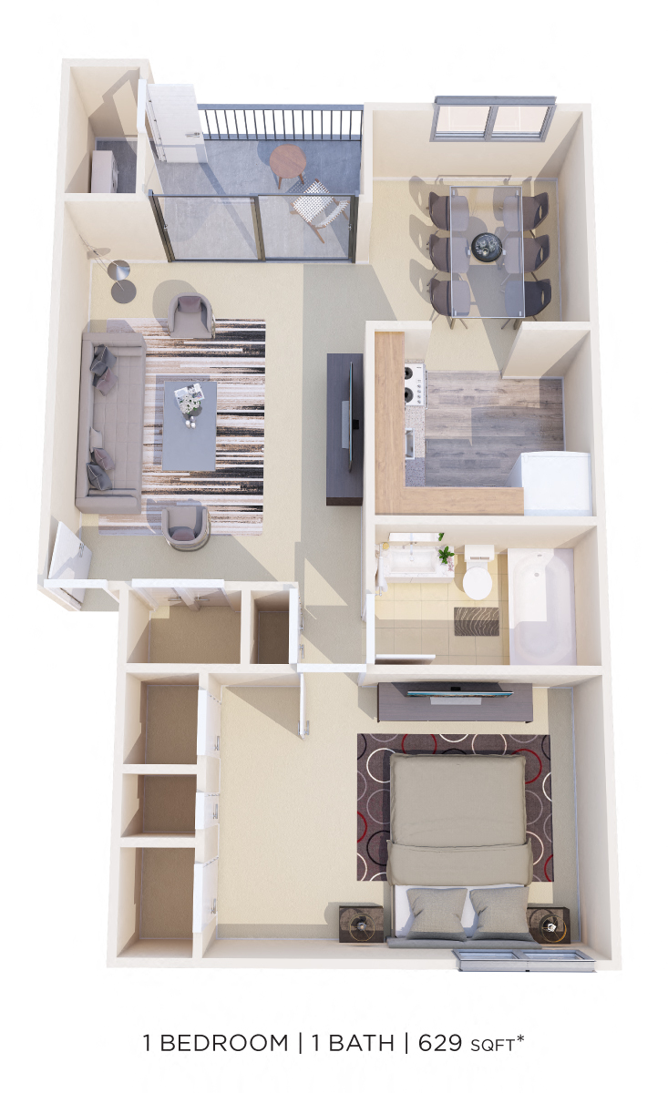 One Bedroom - 629 sqft floor plan