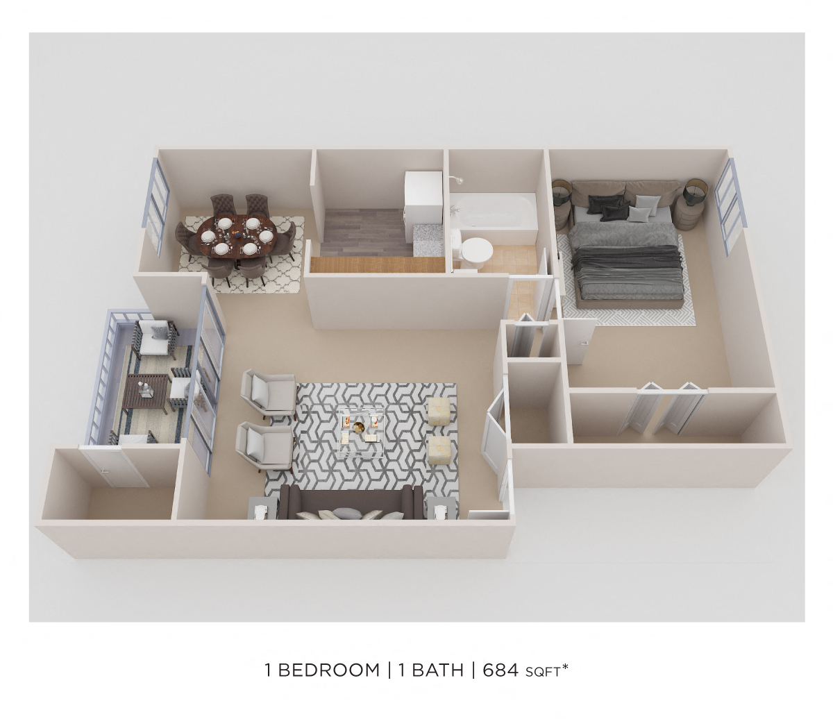 One Bedroom - 684 sqft floor plan
