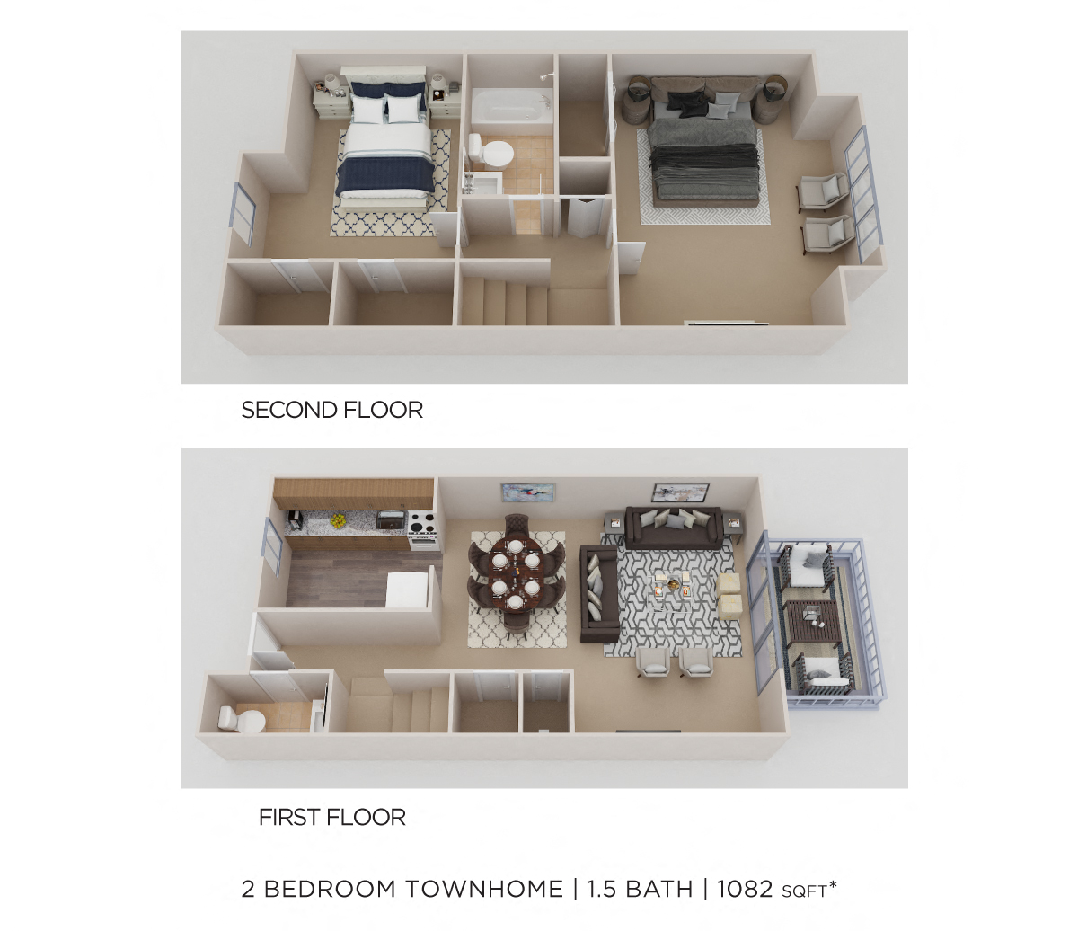 Two Bedroom 1.5 Bath Townhome - 1,082 sqft floor plan