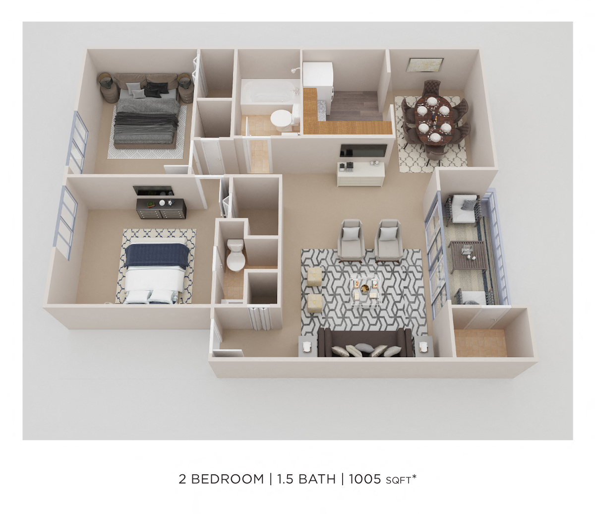 Two Bedroom 2 Bath - 1,005 sqft floor plan