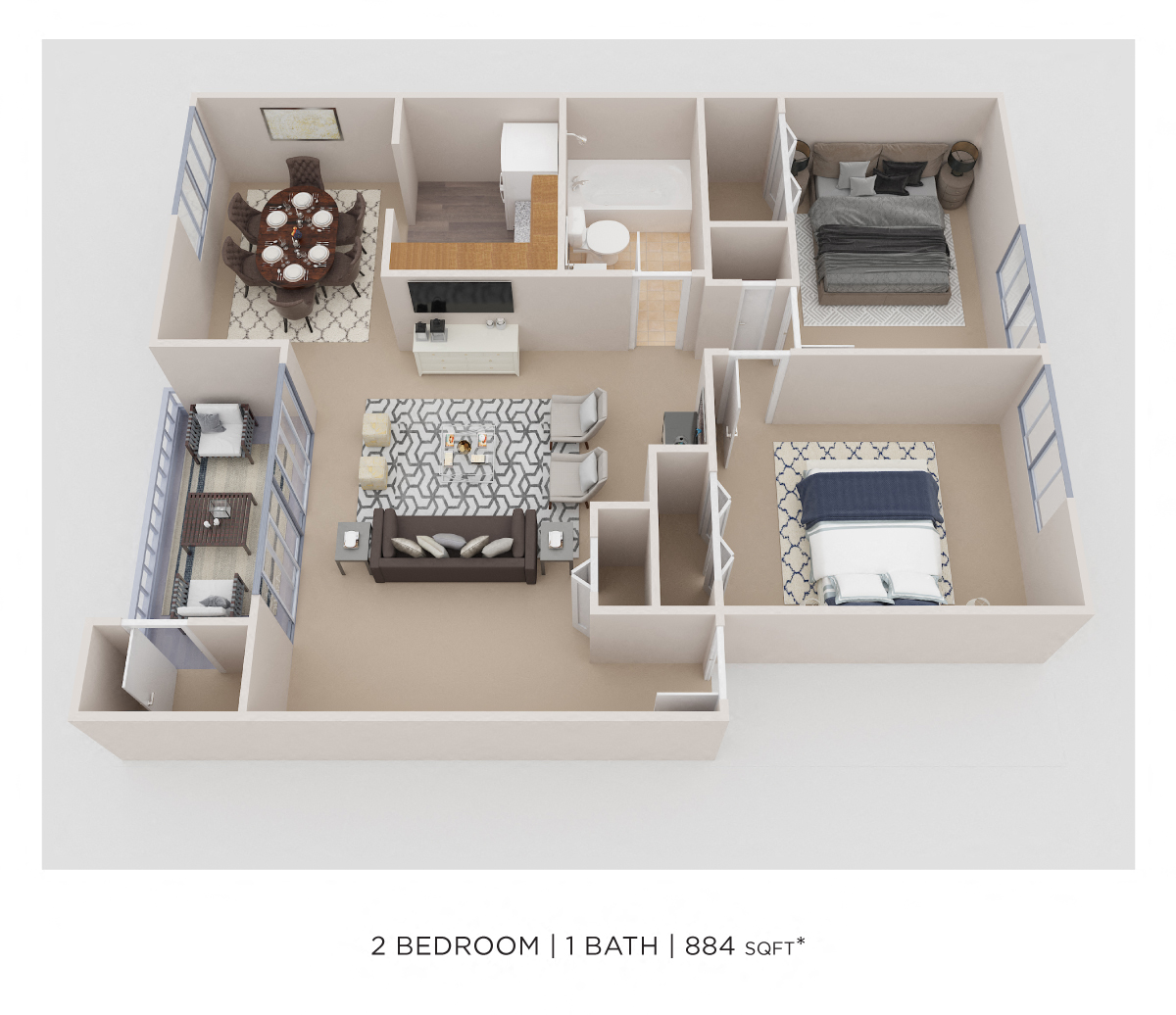 Two Bedroom - 884 sqft floor plan
