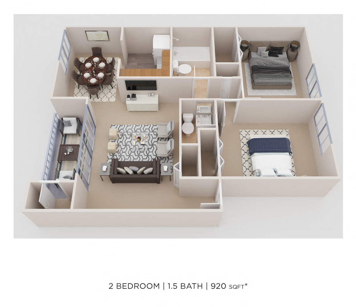 Two Bedroom 2 Bath - 920 sqft floor plan