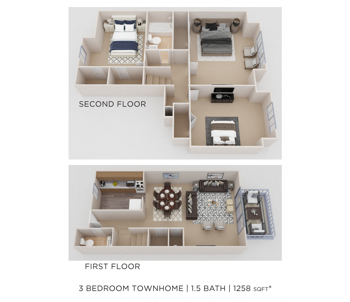 Three Bedroom 1.5 Bath Townhome - 1,205 sqft floor plan
