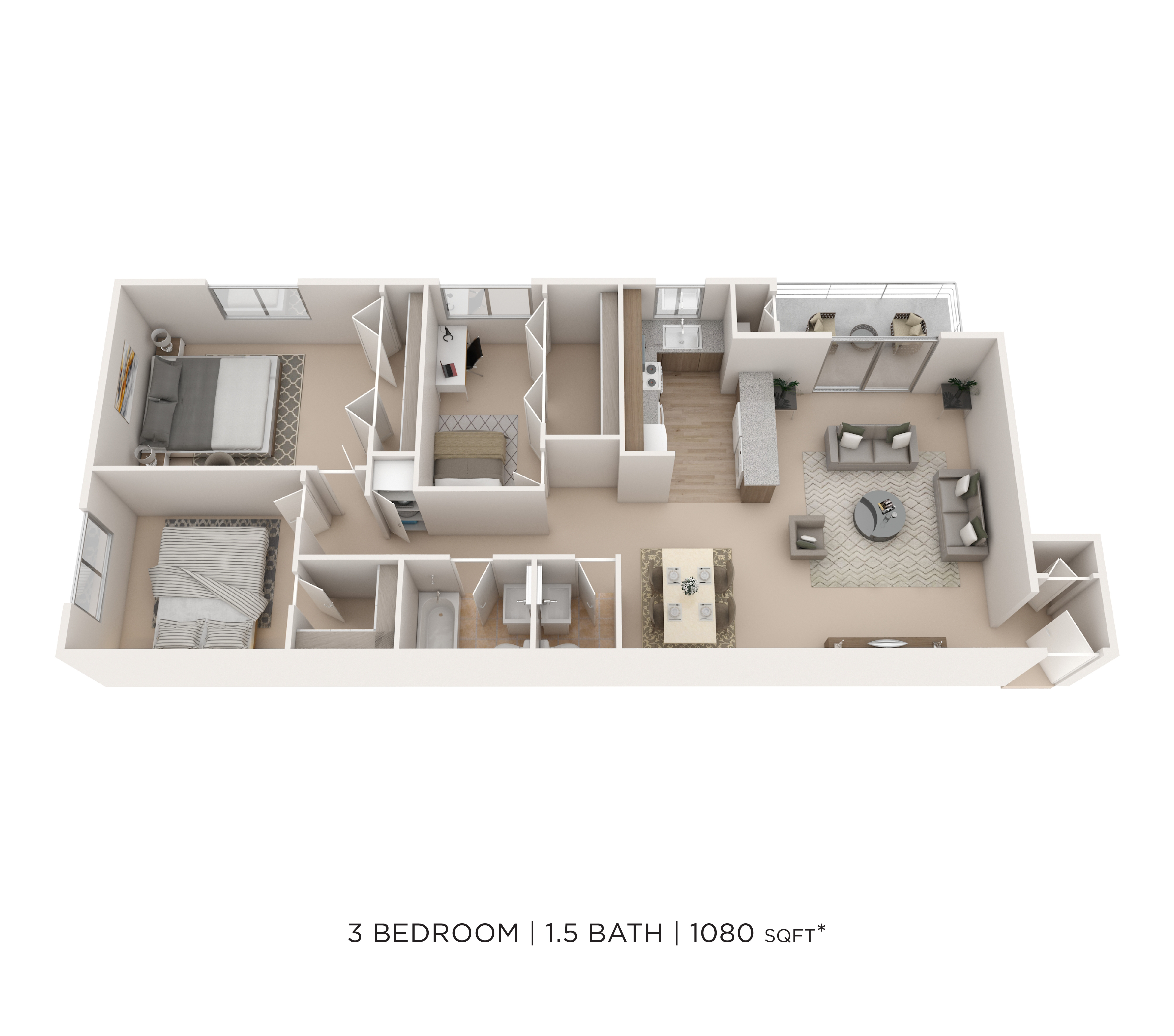 Three Bedroom 1.5 Bath - 1,080 sqft floor plan