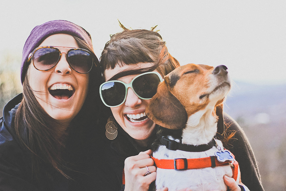 Two women and a dog wearing sunglasses are smiling and enjoying the moment.