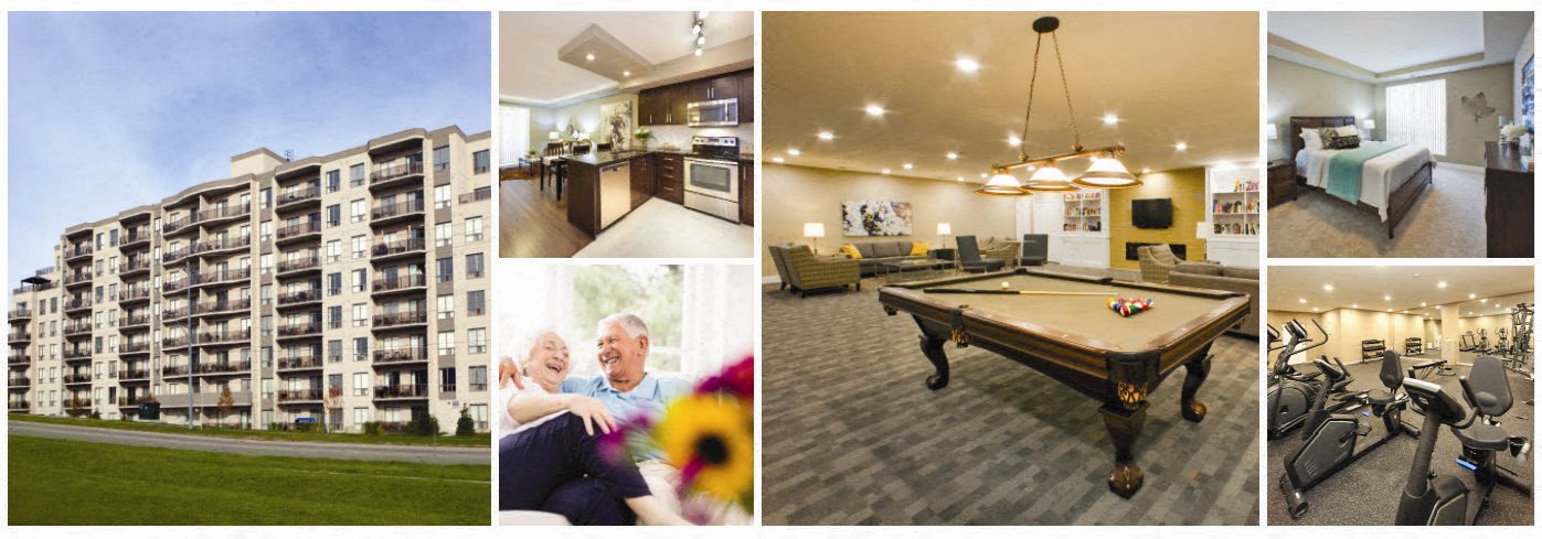Collage of furnished suites and community facilities