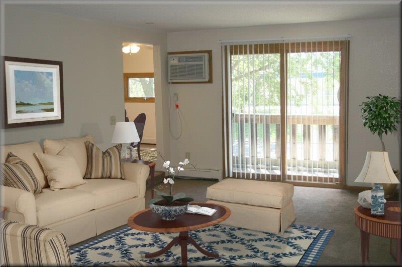 Bass Lake Crossing Apartment Living Room with Light Grey Carpet and Sliding Glass Door to Balcony