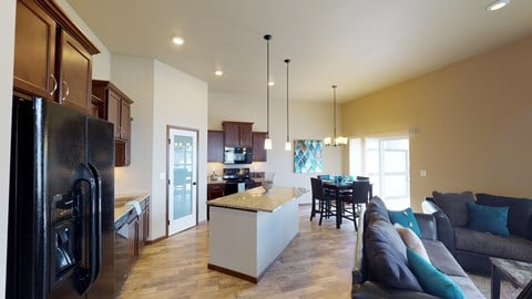 kitchen, island, cabinets, pantry, dining area