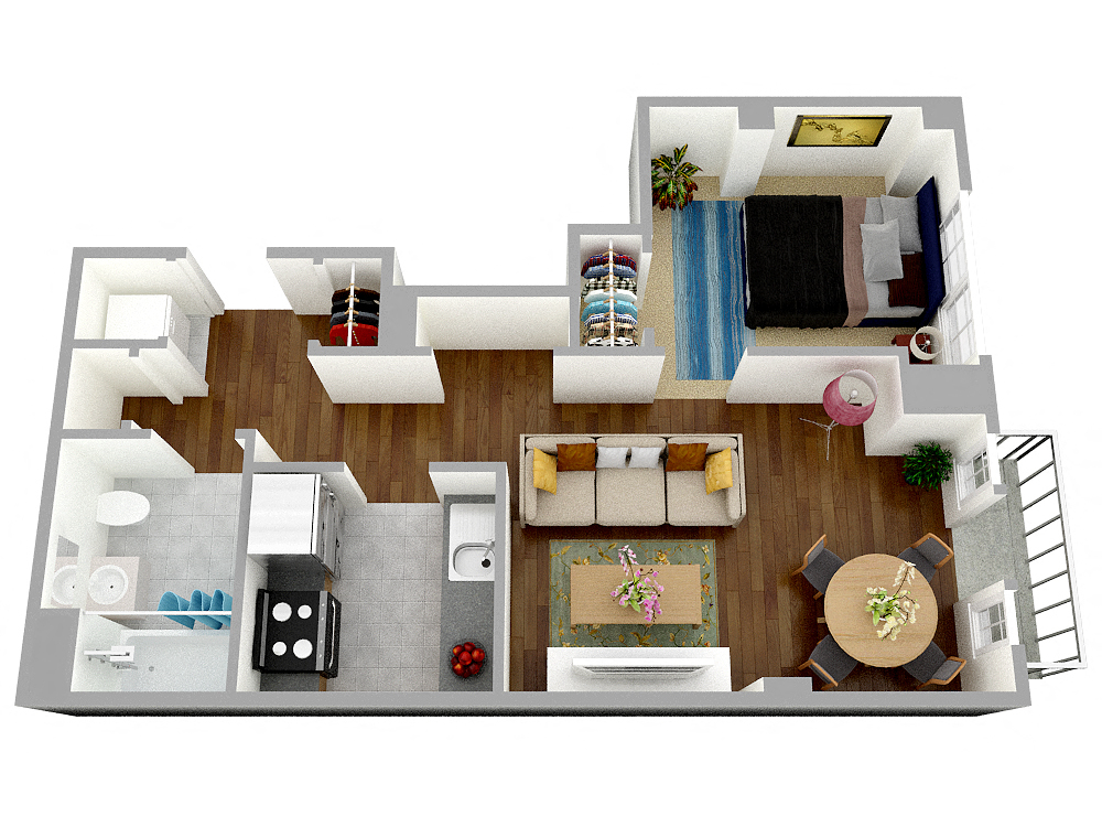 Aerial cut-out view of model furnished one bedroom apartment floor plan.