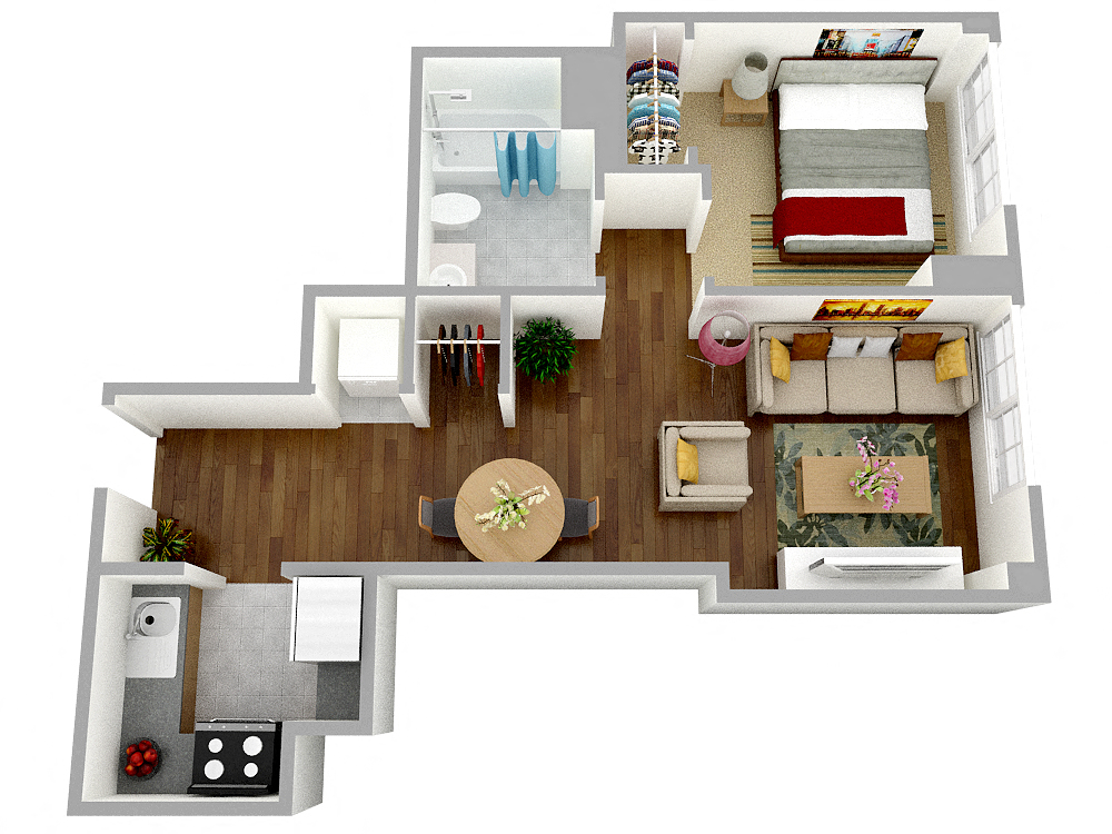 Aerial cut-out view of model furnished one bedroom apartment floor plan.