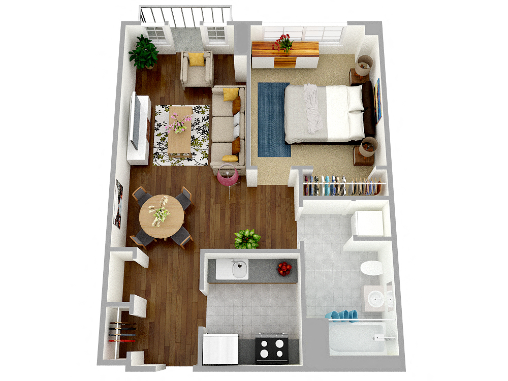 Aerial cut-out view of model furnished one bedroom apartment floor plan.