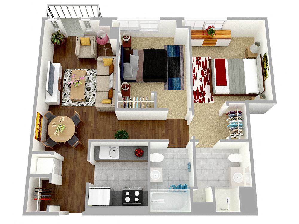 Aerial cut-out view of furnished two bedroom two bathroom apartment.