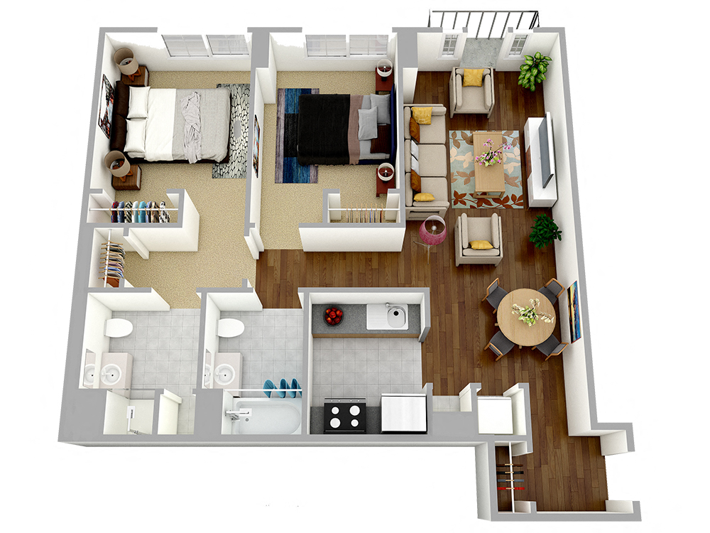 Aerial cut-out view of furnished two bedroom two bathroom apartment.