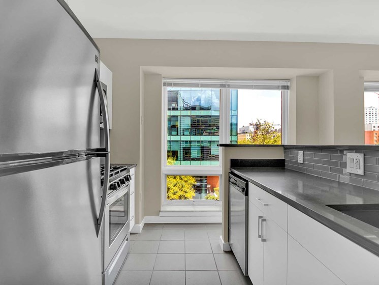 Kitchen with street and skyline views