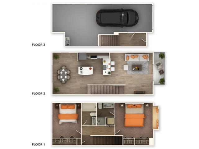 The Highland Two Bed Two Bath w/ garage 3 level 2 bed 2 bath with garage