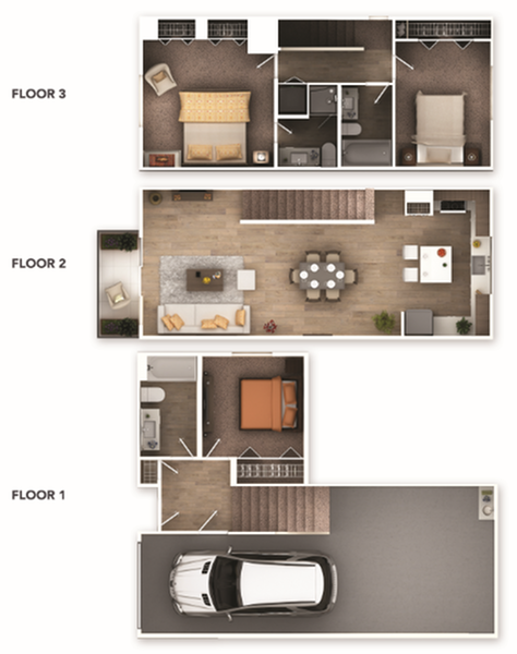 The Highland Three Bed Three Bath 3 story, 3 bed 3 bath with garage