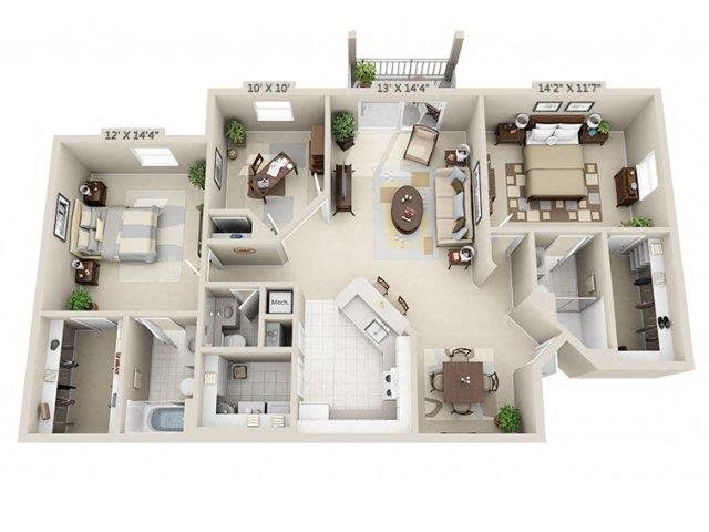 Two bedroom two and a half bathroom with den 3D floor plan Two bedroom two and a half bathroom with den 3D floor plan