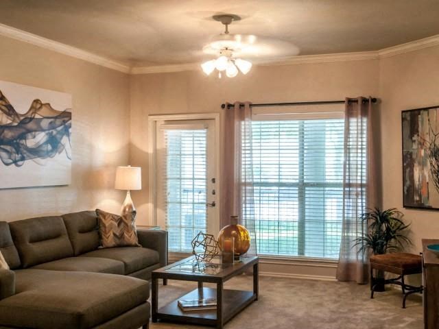 Living room with plush carpeting, ceiling fan, and balcony access