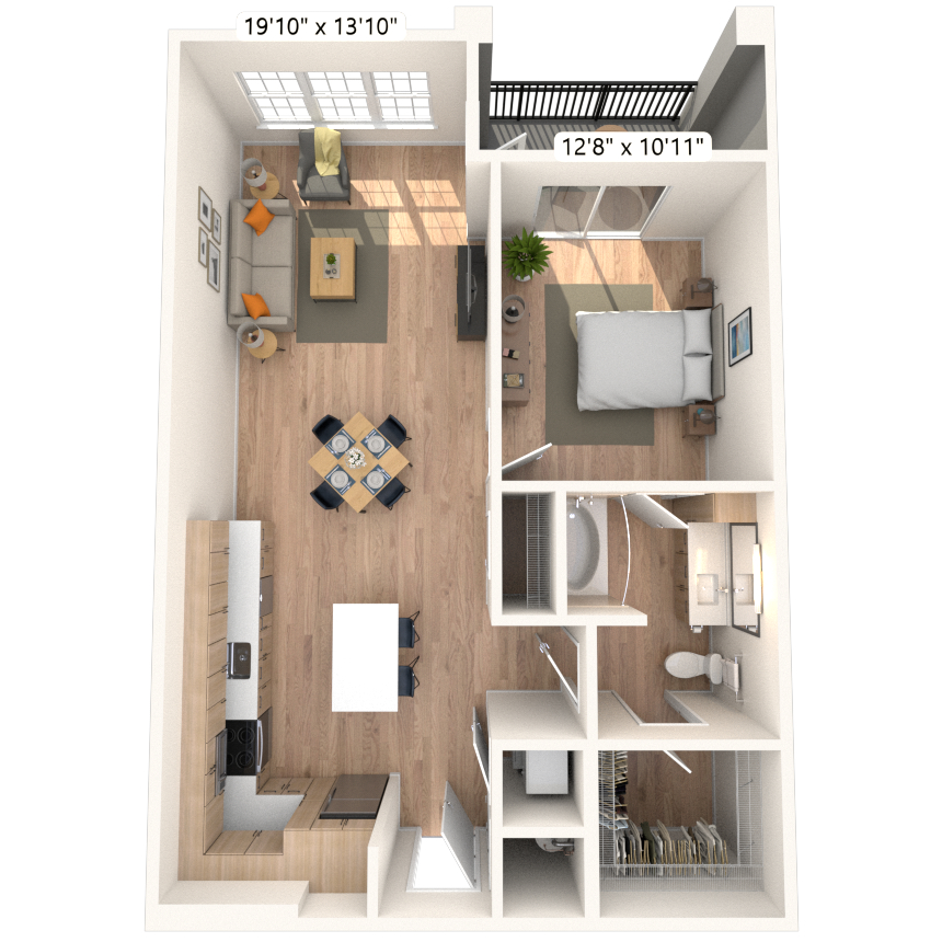 A2 1x1 834 SF floor plan