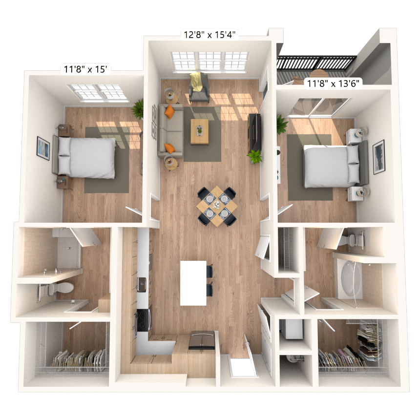 B2 2x2 1202 SF floor plan
