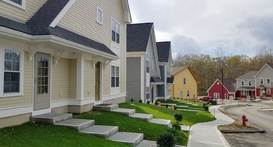 Lush, green lawns and bushes, sidewalk, and colorful homes.