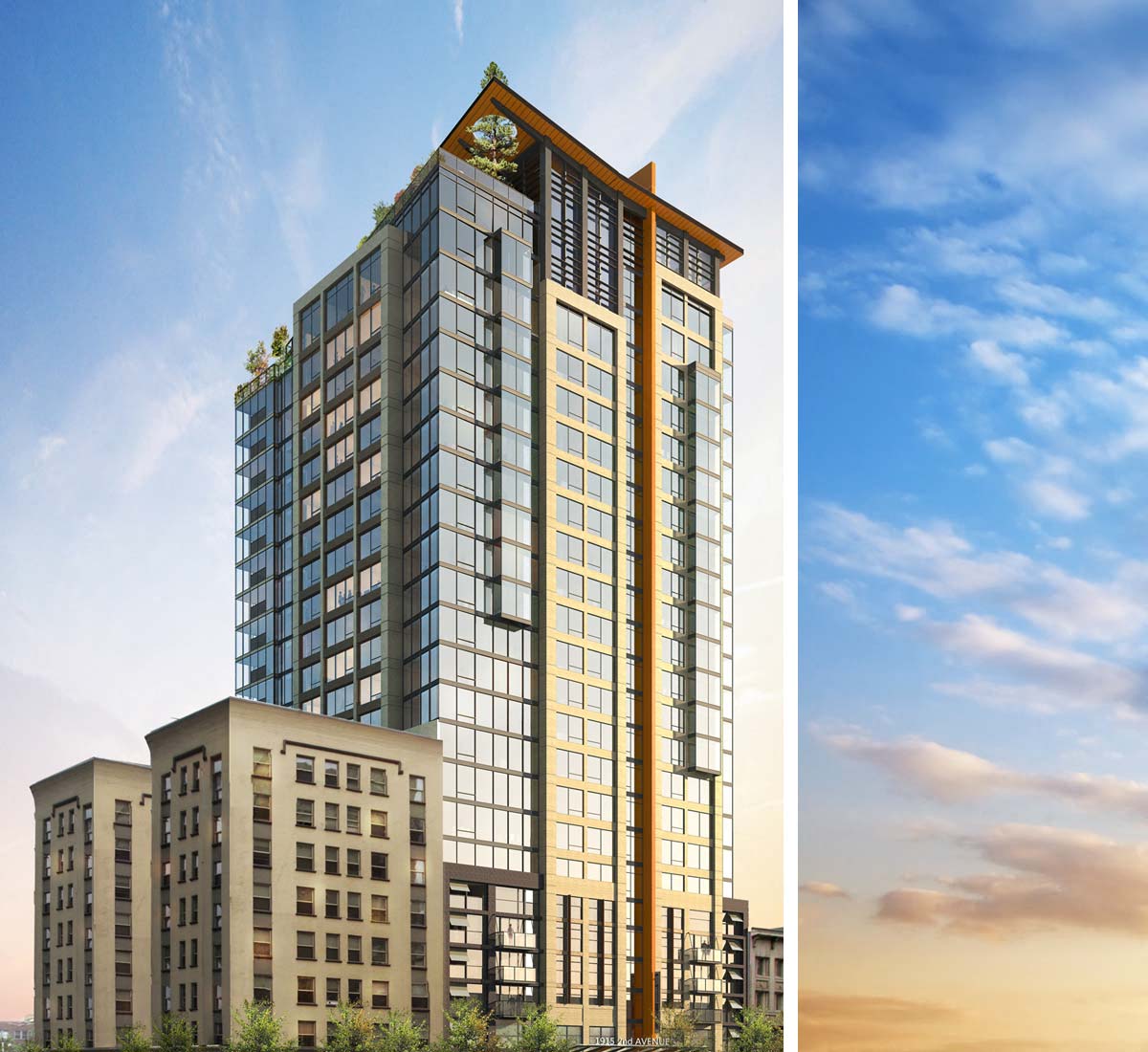 A modern skyscraper with a green roof and a smaller building in front of it.