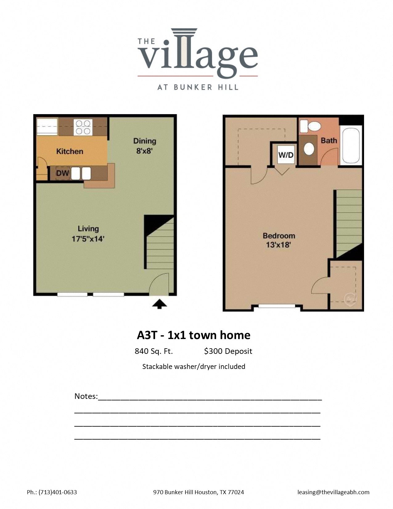 A3T Floor Plan A3T 1x 1 Town Home Floor Plan at The Village at Bunker Hill Apartments near Houston, Texas