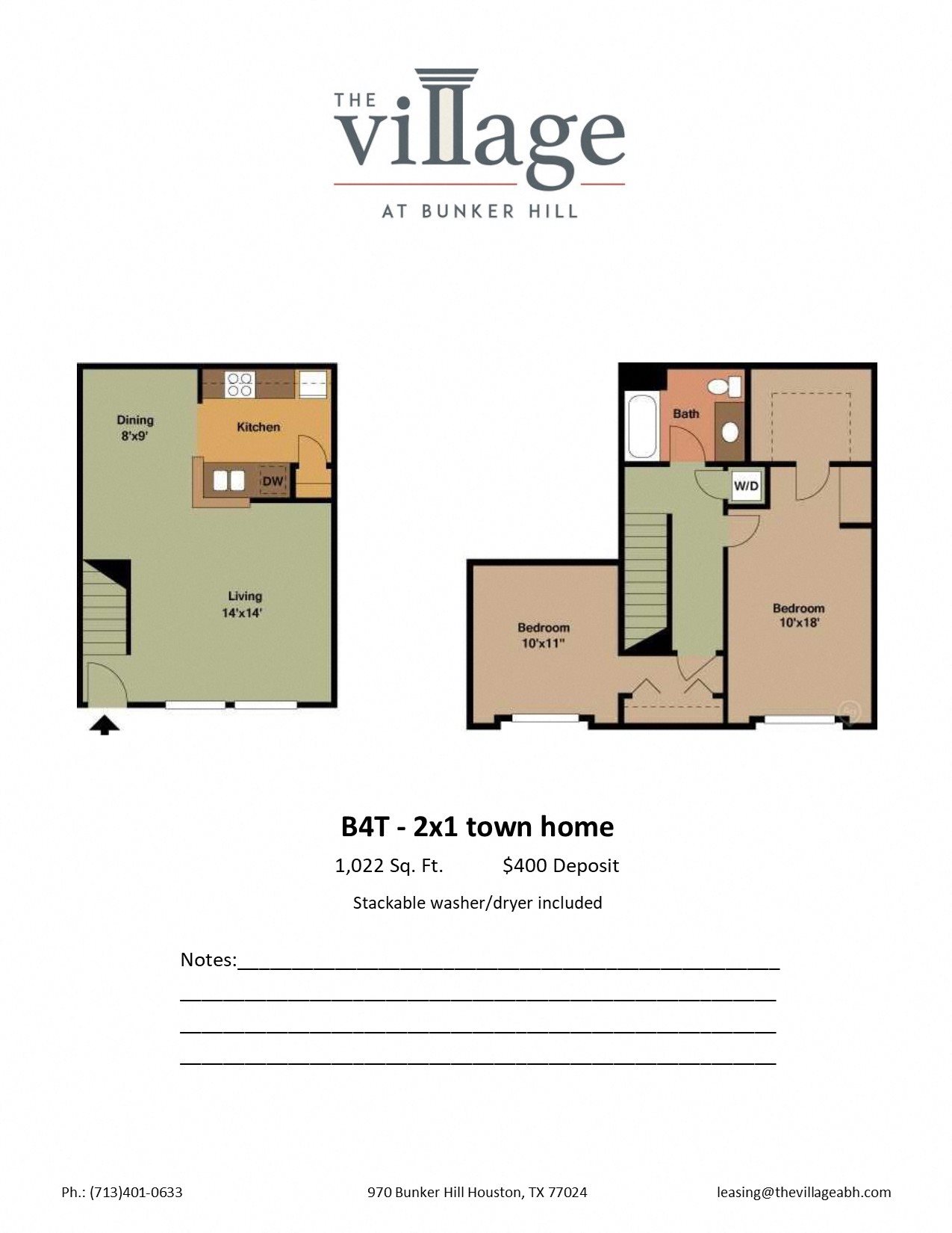 B4T Floor Plan B4T 2x1 Town Home Floor Plan at The Village at Bunker Hill Apartments near Houston, Texas