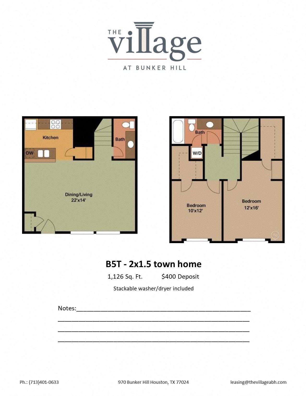 B5T Floor Plan B5T 2x1.5 Town Home Floor Plan at The Village at Bunker Hill Apartments near Houston, Texas