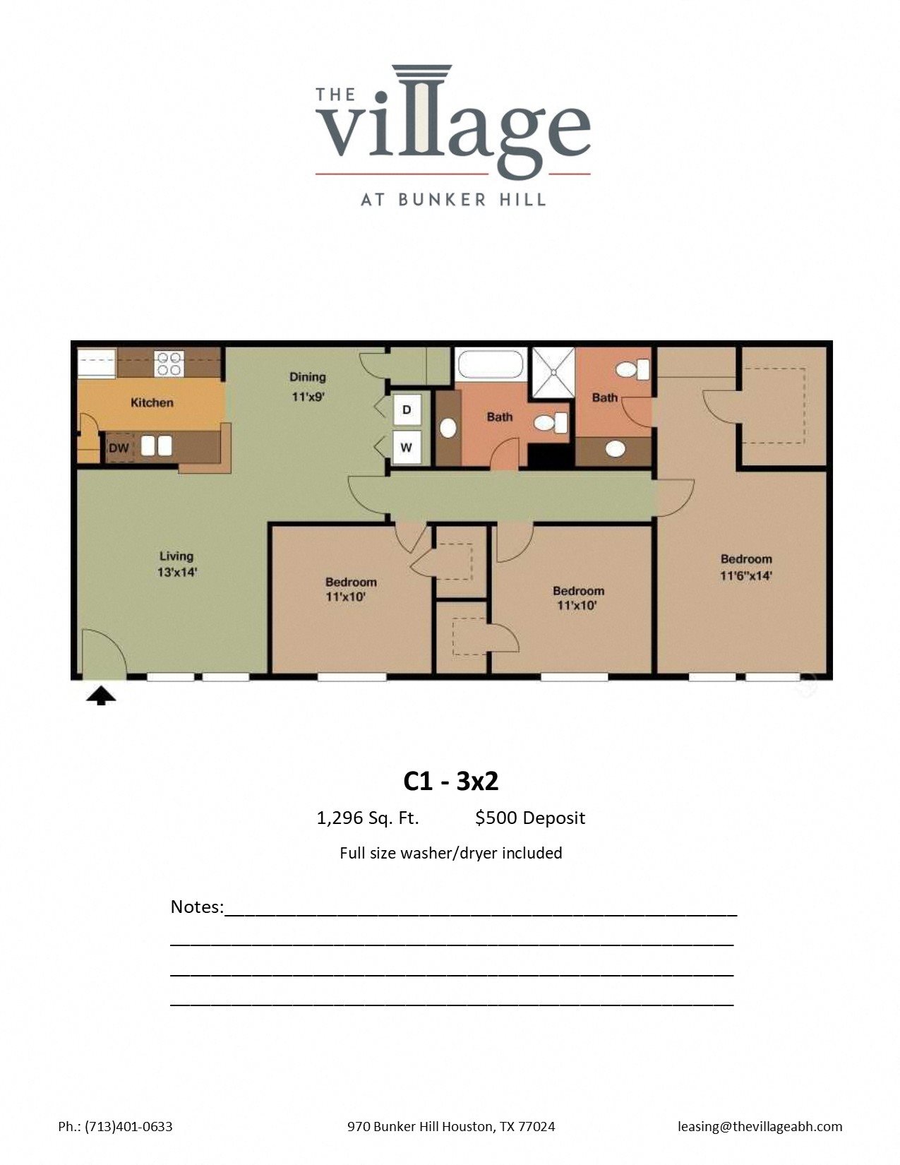 C1 Floor Plan C1 3x2 Floor Plan at The Village at Bunker Hill Apartments near Houston, Texas