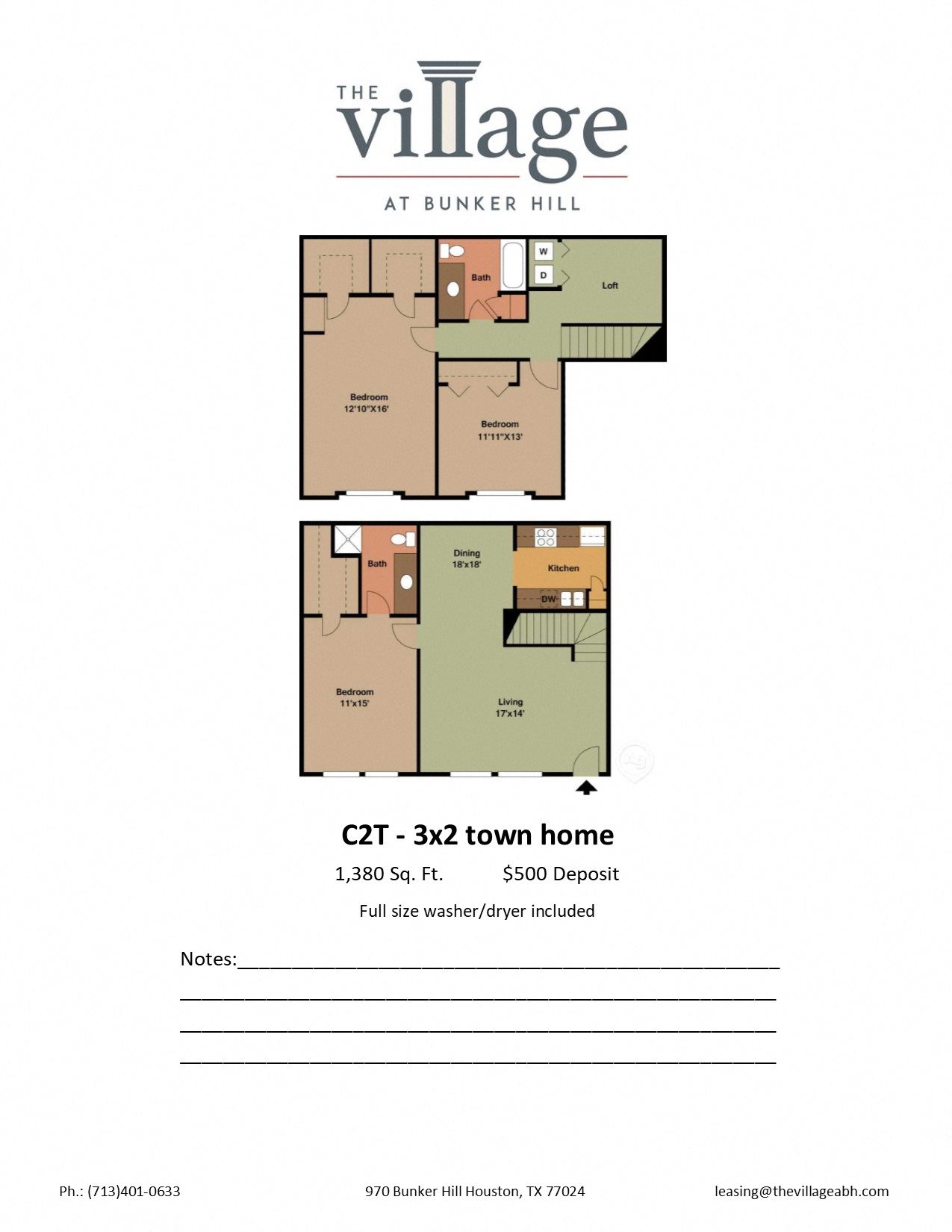 C2T Floor Plan C2T 3x2 Town Home Floor Plan at The Village at Bunker Hill Apartments near Houston, Texas