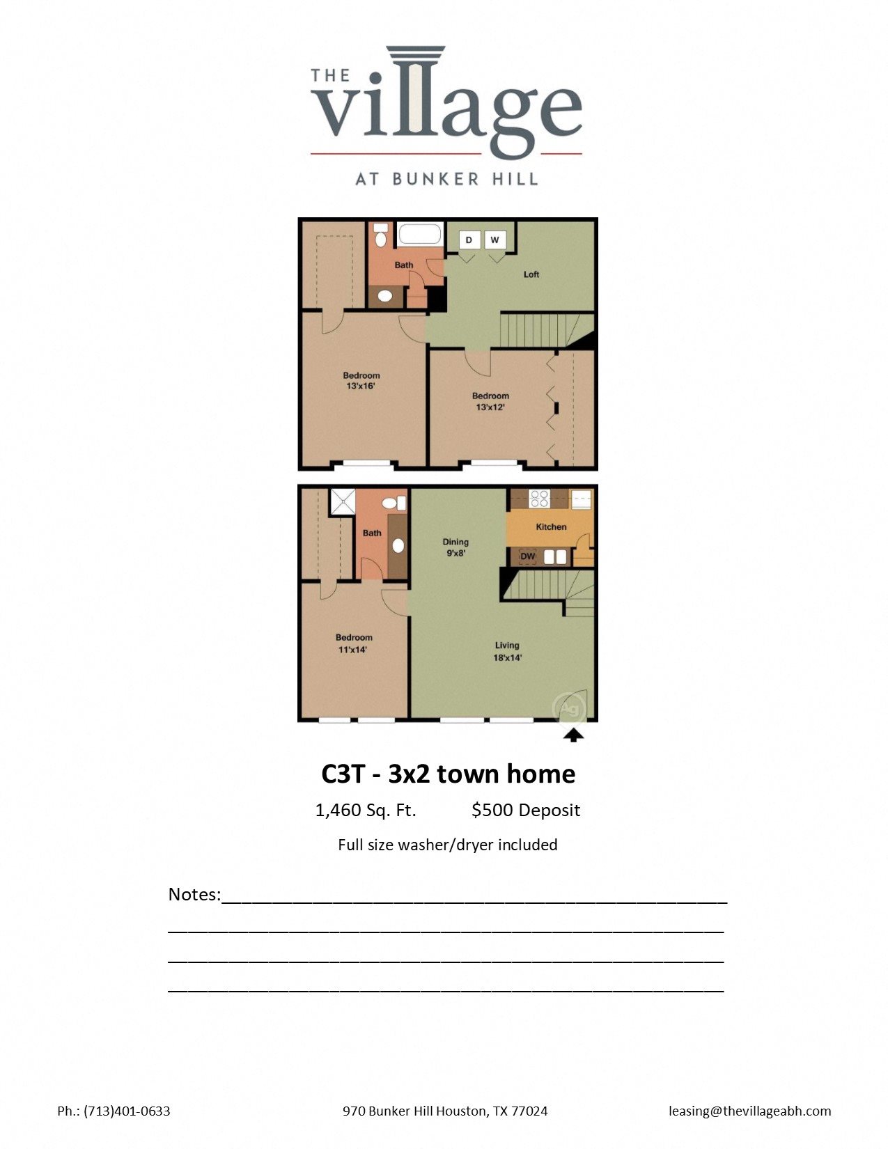 C3T Floor Plan C3T 3x2 Town Home Floor Plan at The Village at Bunker Hill Apartments near Houston, Texas